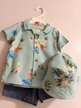 Carter's Light BlueFloral Button-Down Shirt and Hat Set